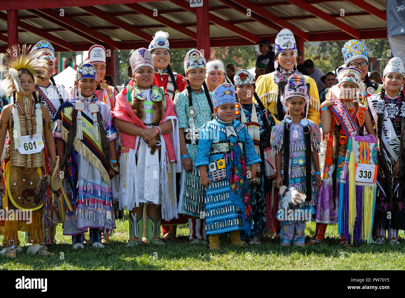 BISMARK, NORTH DAKOTA, September 8, 2018 : Sioux children at the 49th annual United Tribes Pow Wow, one large outdoor event that gathers more than 900 Stock Photo