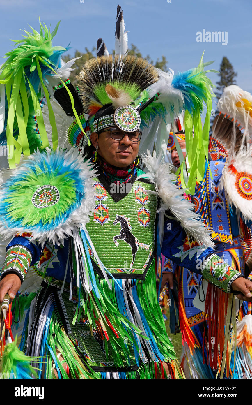 BISMARK, NORTH DAKOTA, September 8, 2018 : A dancer of the 49th annual United Tribes Pow Wow, one large outdoor event that gathers more than 900 dance Stock Photo