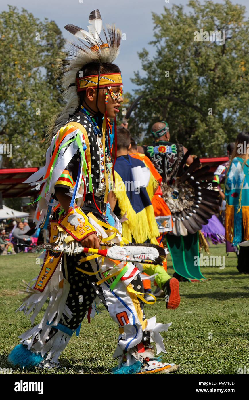 BISMARK, NORTH DAKOTA, September 8, 2018 : A dancer of the 49th annual United Tribes Pow Wow, one large outdoor event that gathers more than 900 dance Stock Photo