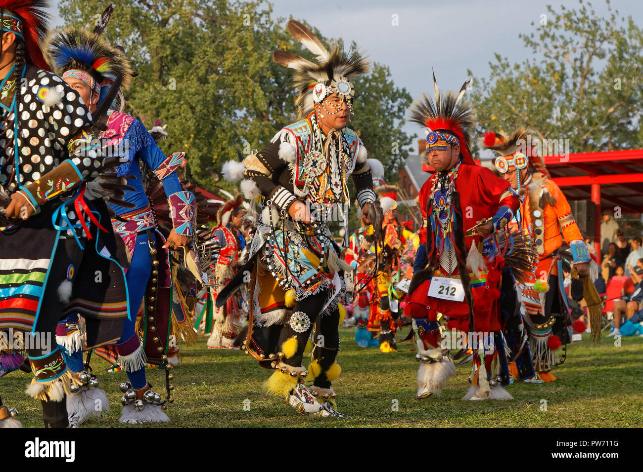 BISMARK, NORTH DAKOTA, September 8, 2018 : Grand Entry of the 49th annual United Tribes Pow Wow, one large outdoor event that gathers more than 900 da Stock Photo