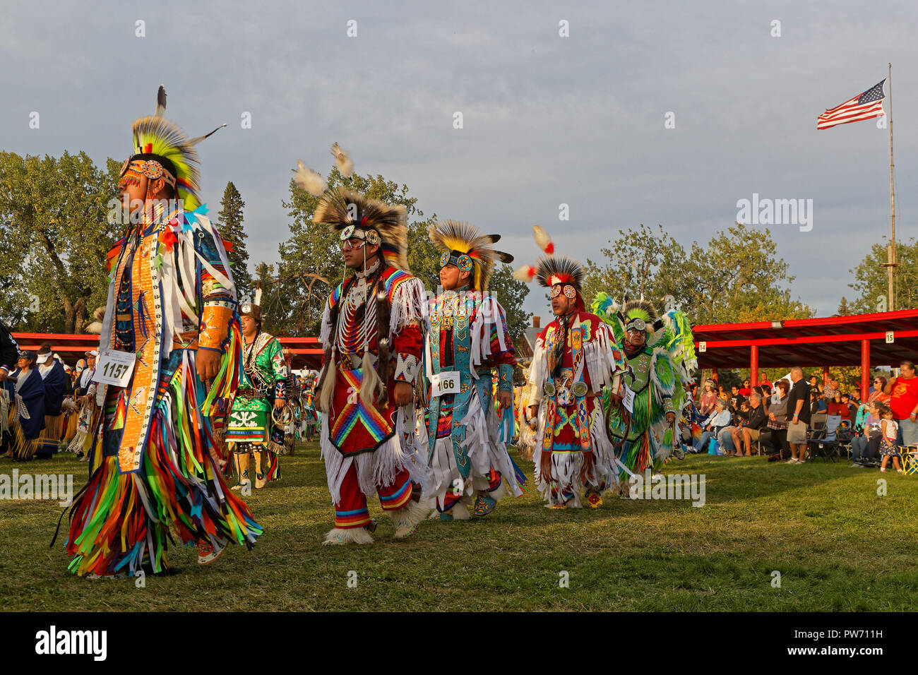 BISMARK, NORTH DAKOTA, September 8, 2018 : Grand Entry of the 49th annual United Tribes Pow Wow, one large outdoor event that gathers more than 900 da Stock Photo
