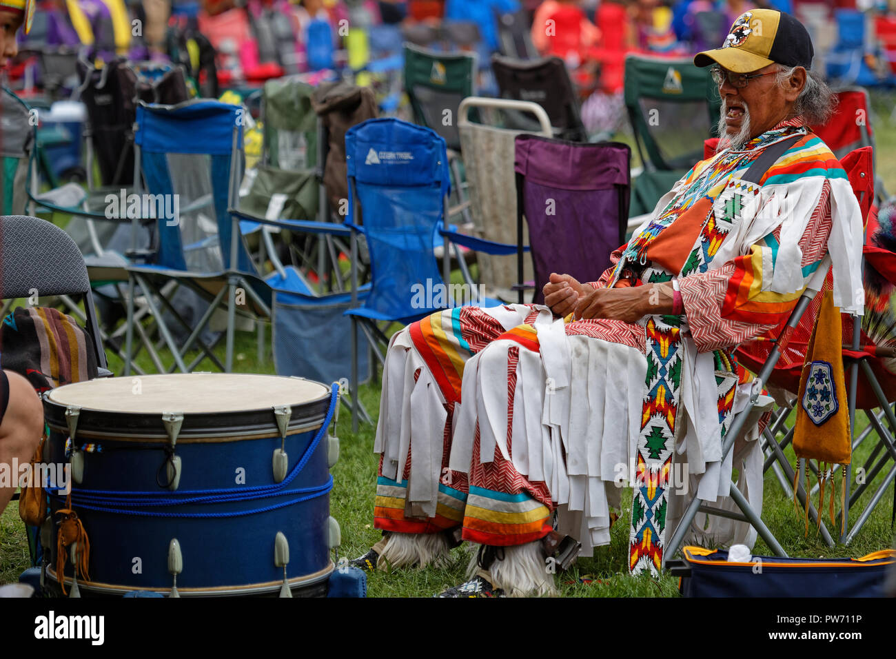 BISMARK, NORTH DAKOTA, September 9, 2018 : Drummer at the 49th annual United Tribes Pow Wow, one large outdoor event that gathers more than 900 dancer Stock Photo