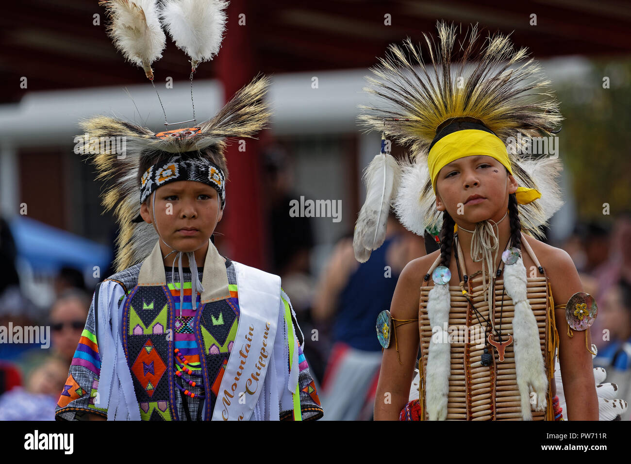 BISMARK, NORTH DAKOTA, September 9, 2018 : Sioux children at the 49th annual United Tribes Pow Wow, one large outdoor event that gathers more than 900 Stock Photo