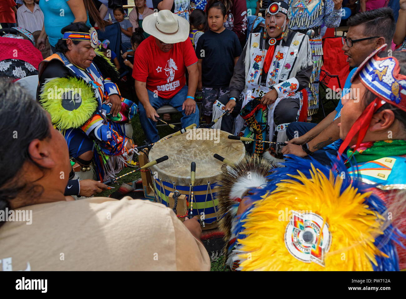 BISMARK, NORTH DAKOTA, September 9, 2018 : Drummers at the 49th annual United Tribes Pow Wow, one large outdoor event that gathers more than 900 dance Stock Photo