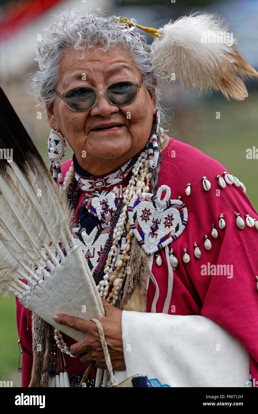 BISMARK, NORTH DAKOTA, September 9, 2018 : Old woman at the 49th annual United Tribes Pow Wow, one large outdoor event that gathers more than 900 danc Stock Photo