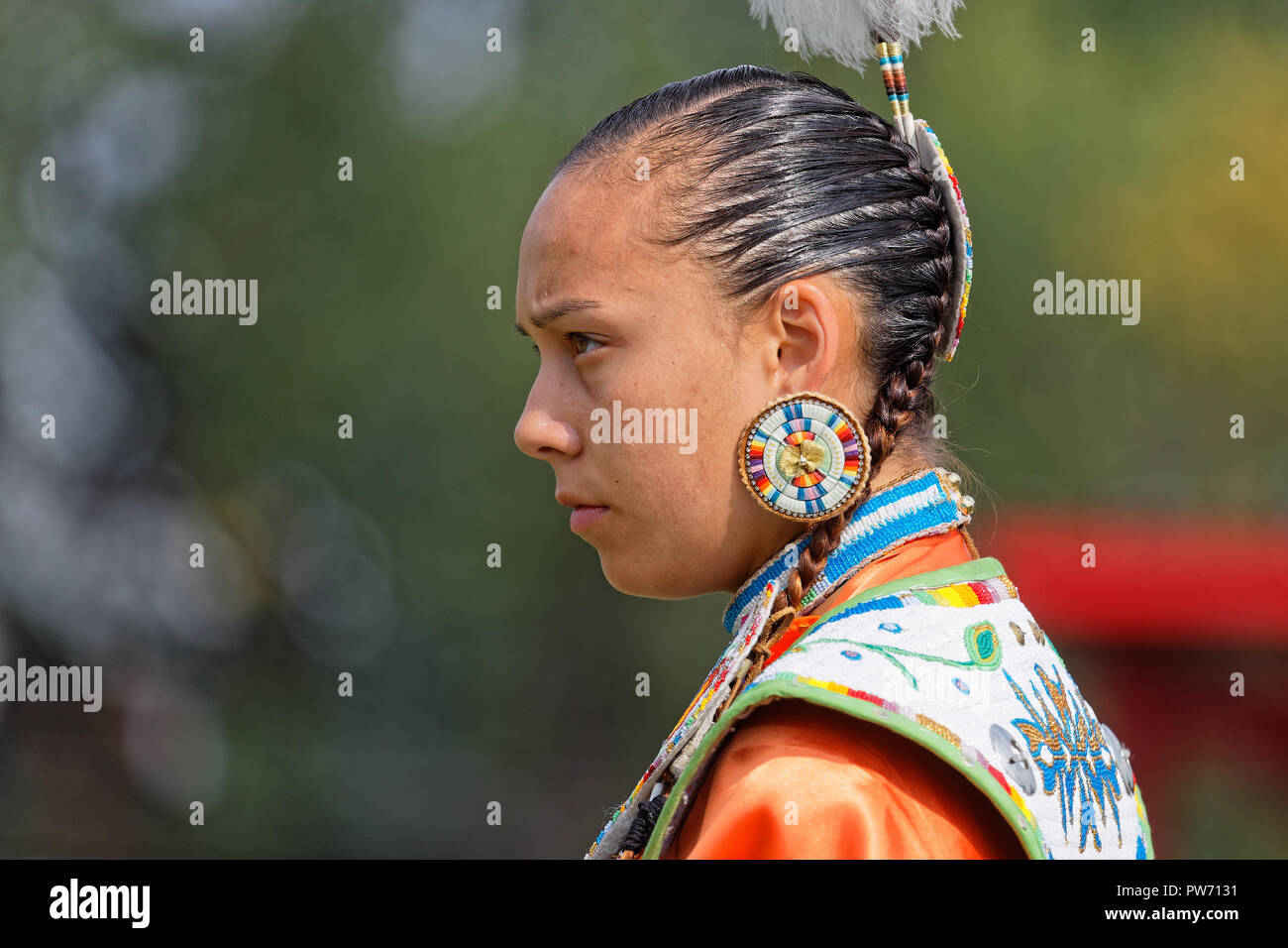 BISMARK, NORTH DAKOTA, September 9, 2018 : A dancer of the 49th annual United Tribes Pow Wow, one large outdoor event that gathers more than 900 dance Stock Photo