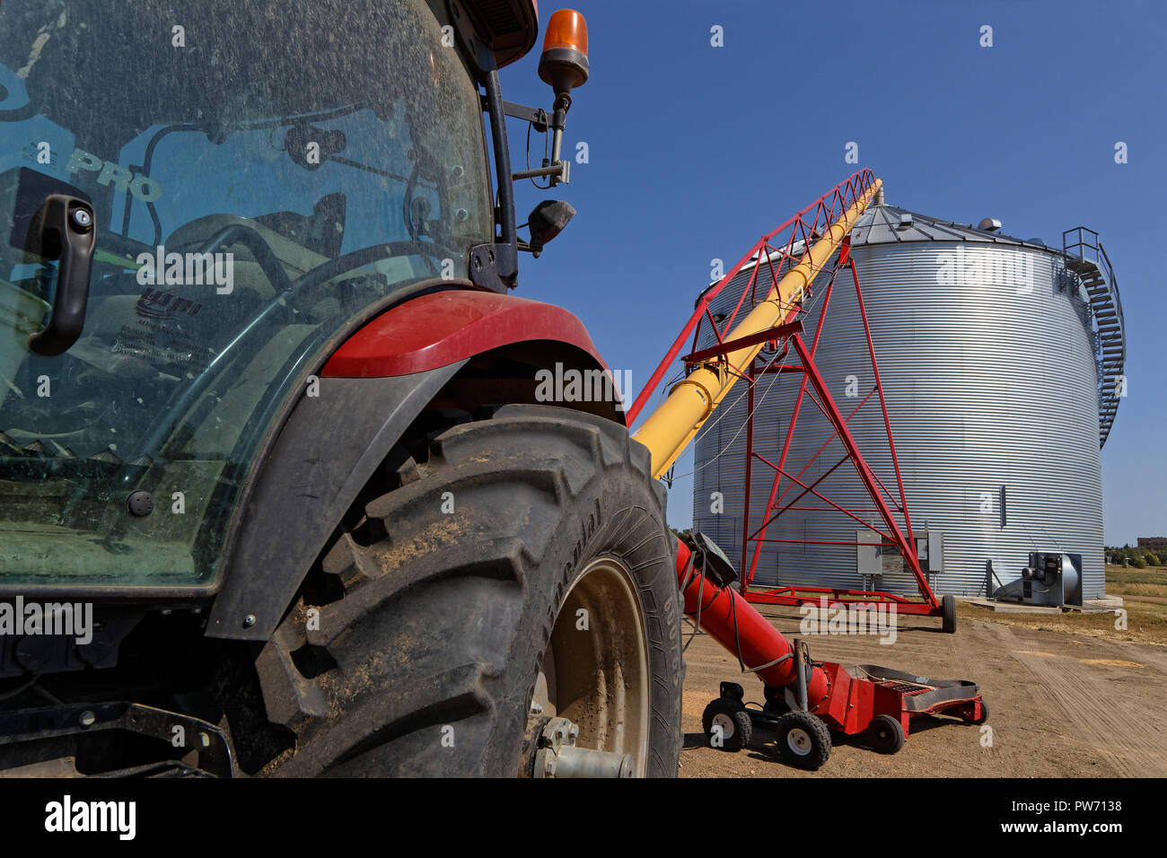 DUPREE, SOUTH DAKOTA, September 7, 2018 Steel grain silo on a farm in rural setting of South