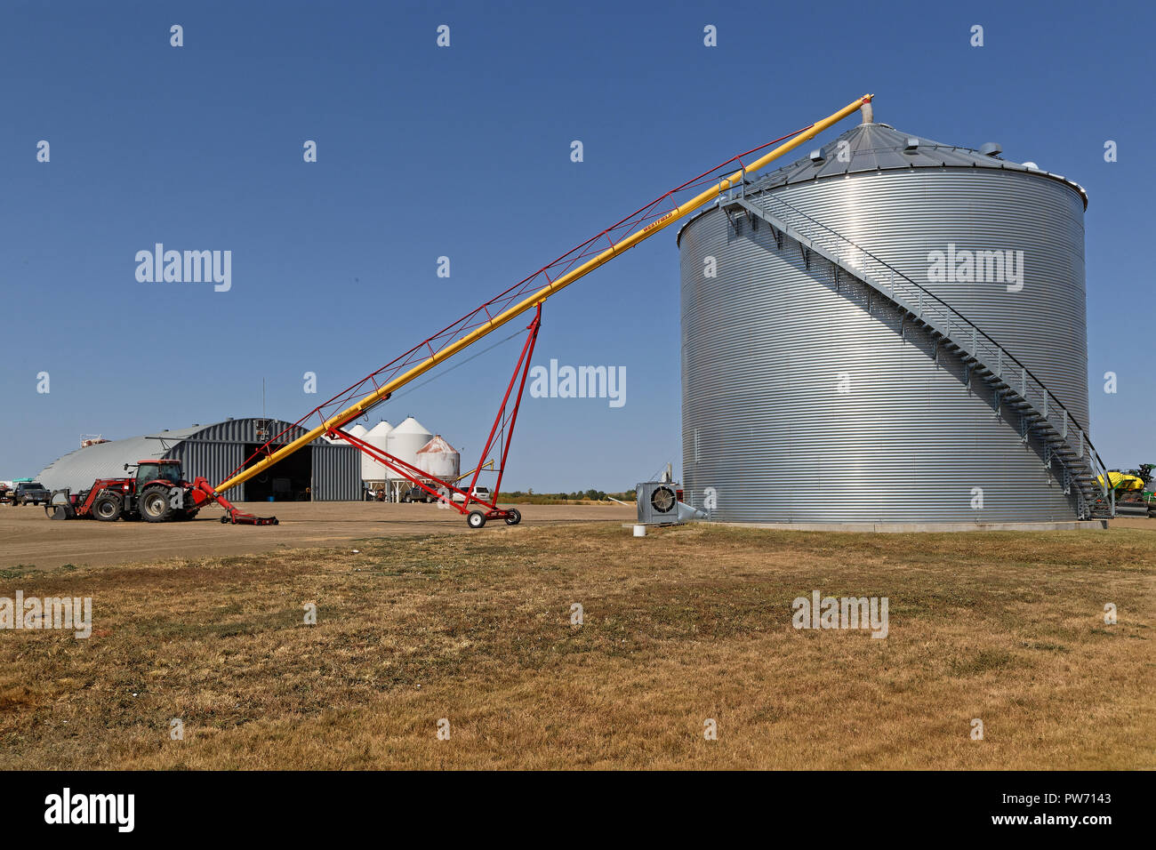 DUPREE, SOUTH DAKOTA, September 7, 2018 Steel grain silo on a farm in rural setting of South