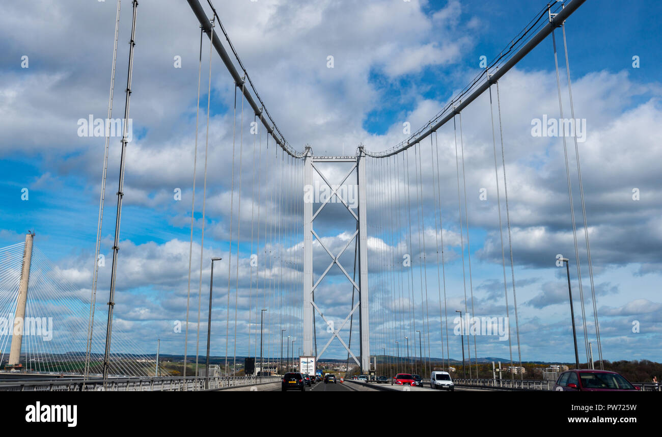 Forth Road Bridge, crossing the Firth of Forth, Queensferry, Edinburgh, Scotland, United Kingdom Stock Photo
