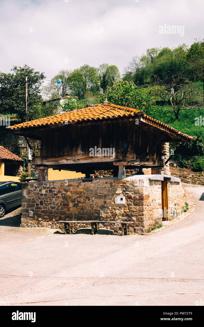 Hórreo, typical granary from the northwest of the Iberian Peninsula, Pedroveya, Asturias, Spain, 2018 Stock Photo