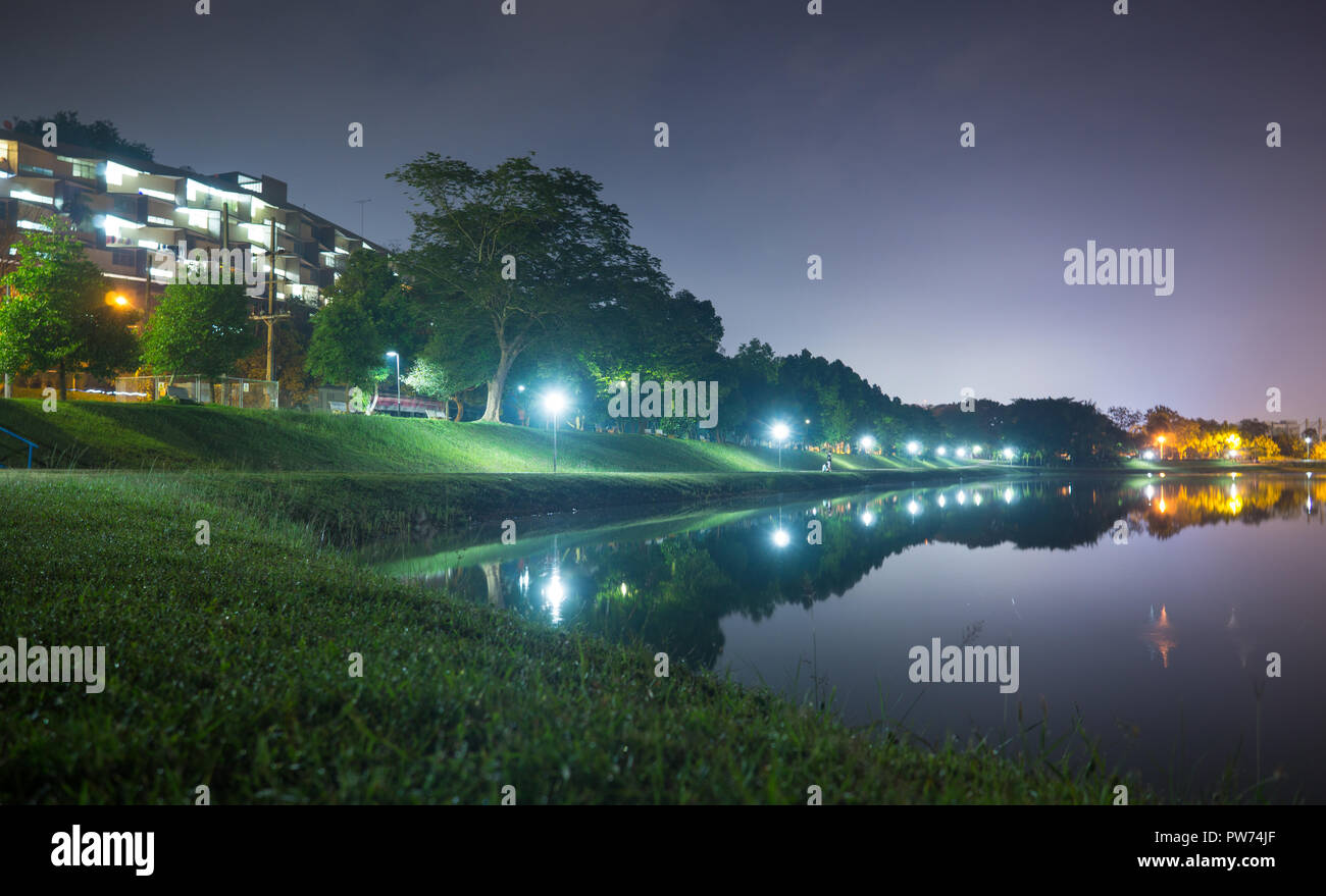 Glittering light illuminated the night, lake surface reflected the light, gentle breeze blew