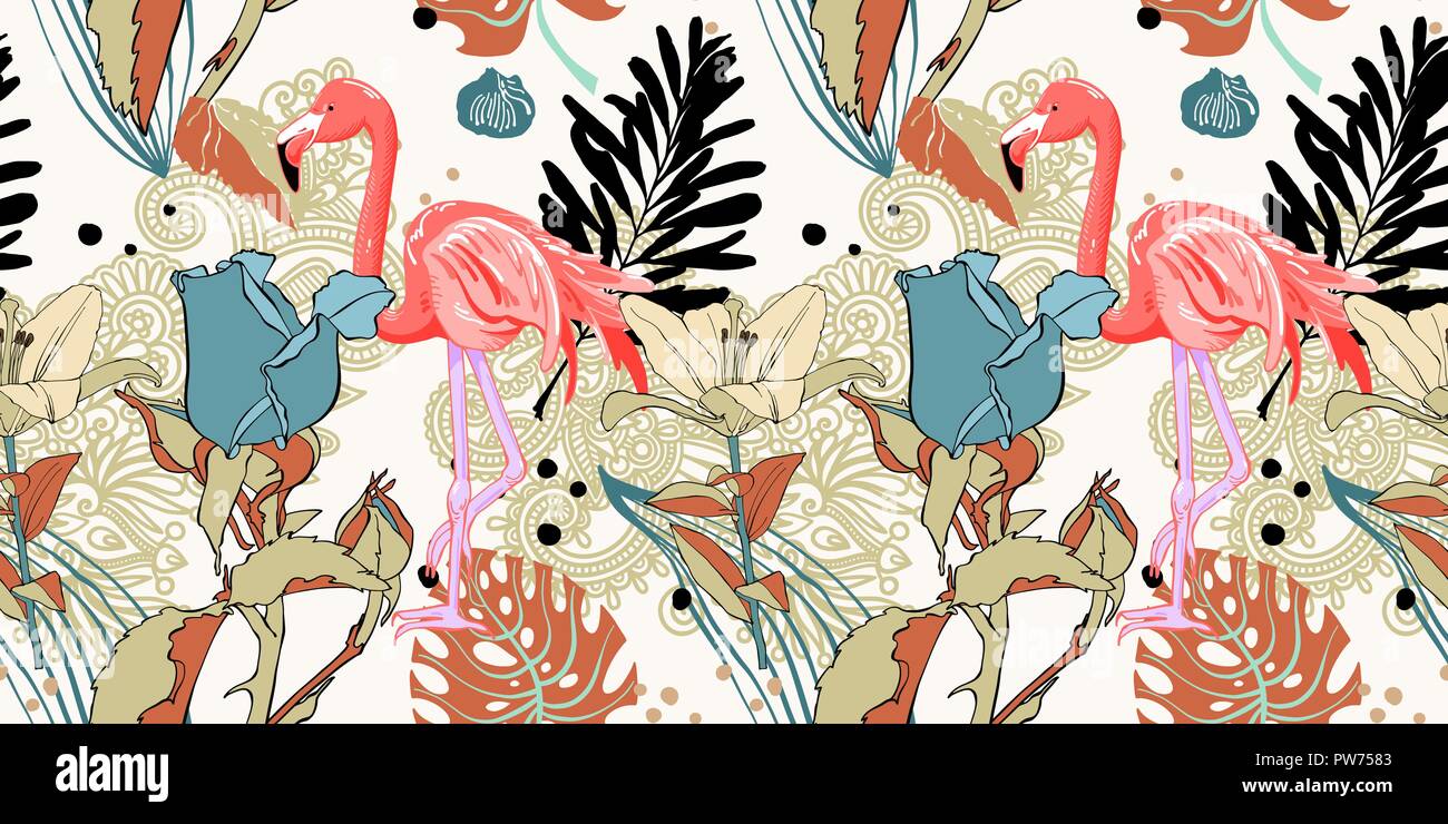 hand drawing seamless pattern with pink flamingo and tropical le Stock ...