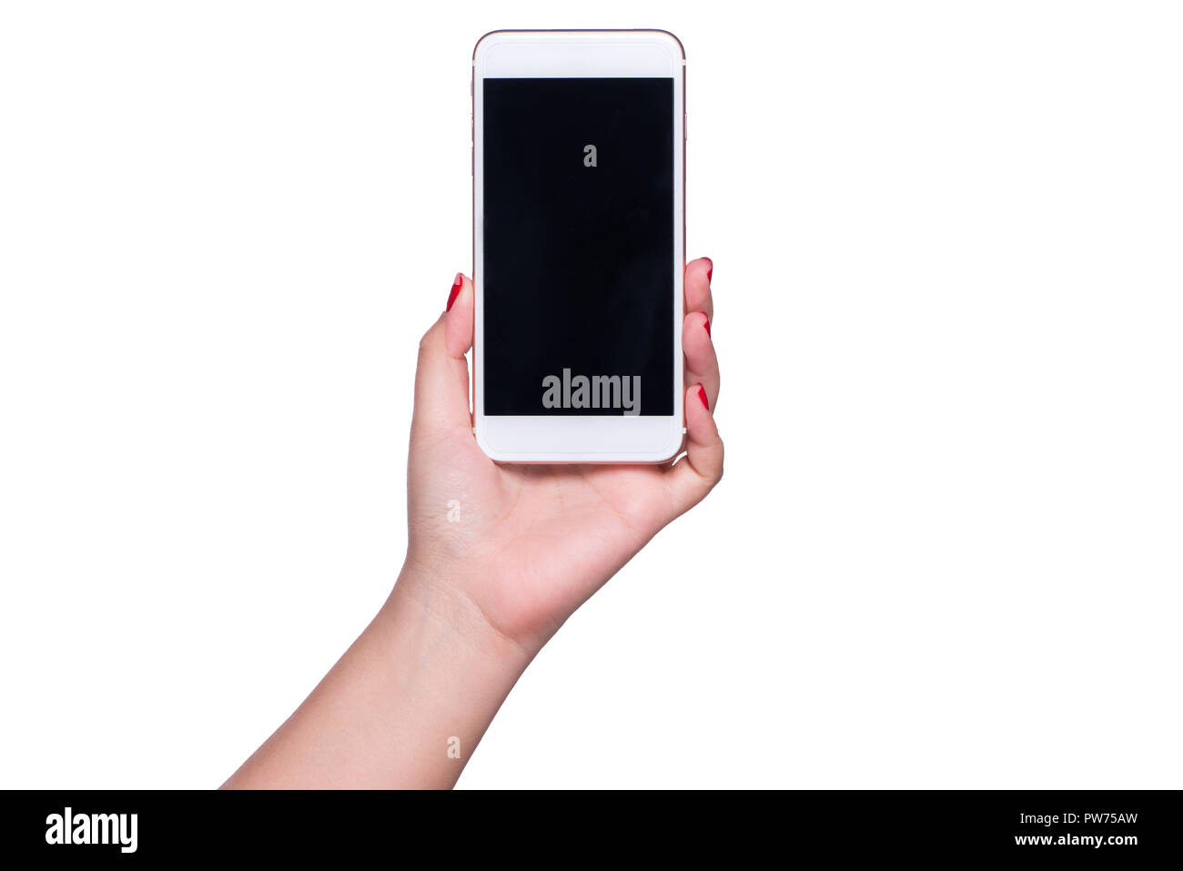 Modern smartphone in female hand isolated on white background Stock ...