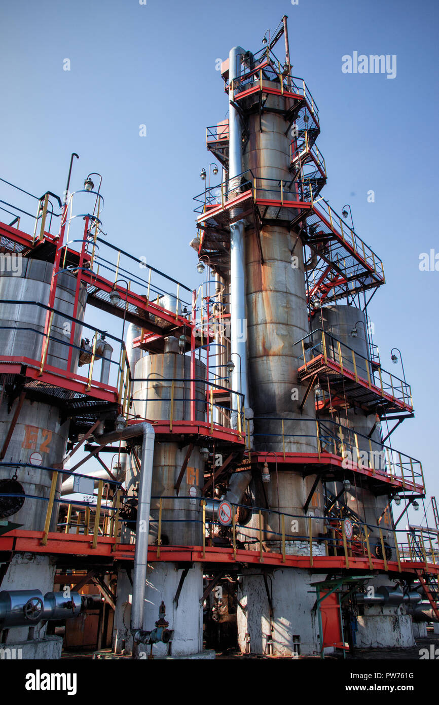 distillation columns on the fuel production Stock Photo