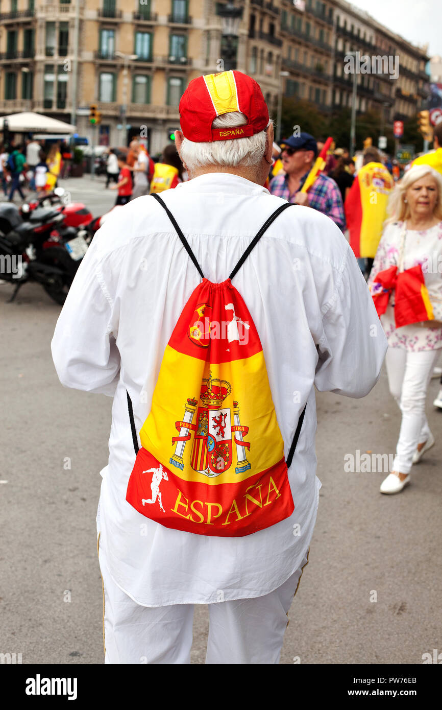 Middle aged male protestor at the anti-Catalan independence rally, Barcelona, Spain. Stock Photo