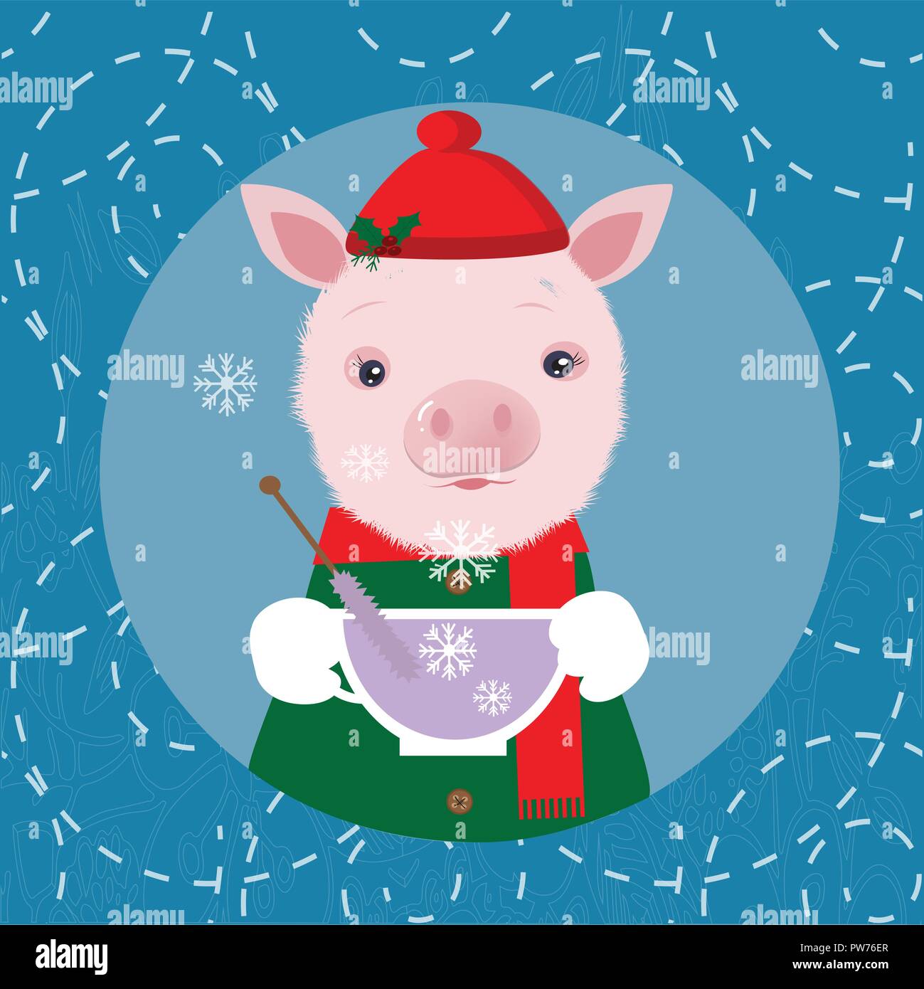 Cute pig in a cap drinking tea. Winter card. Stock Vector