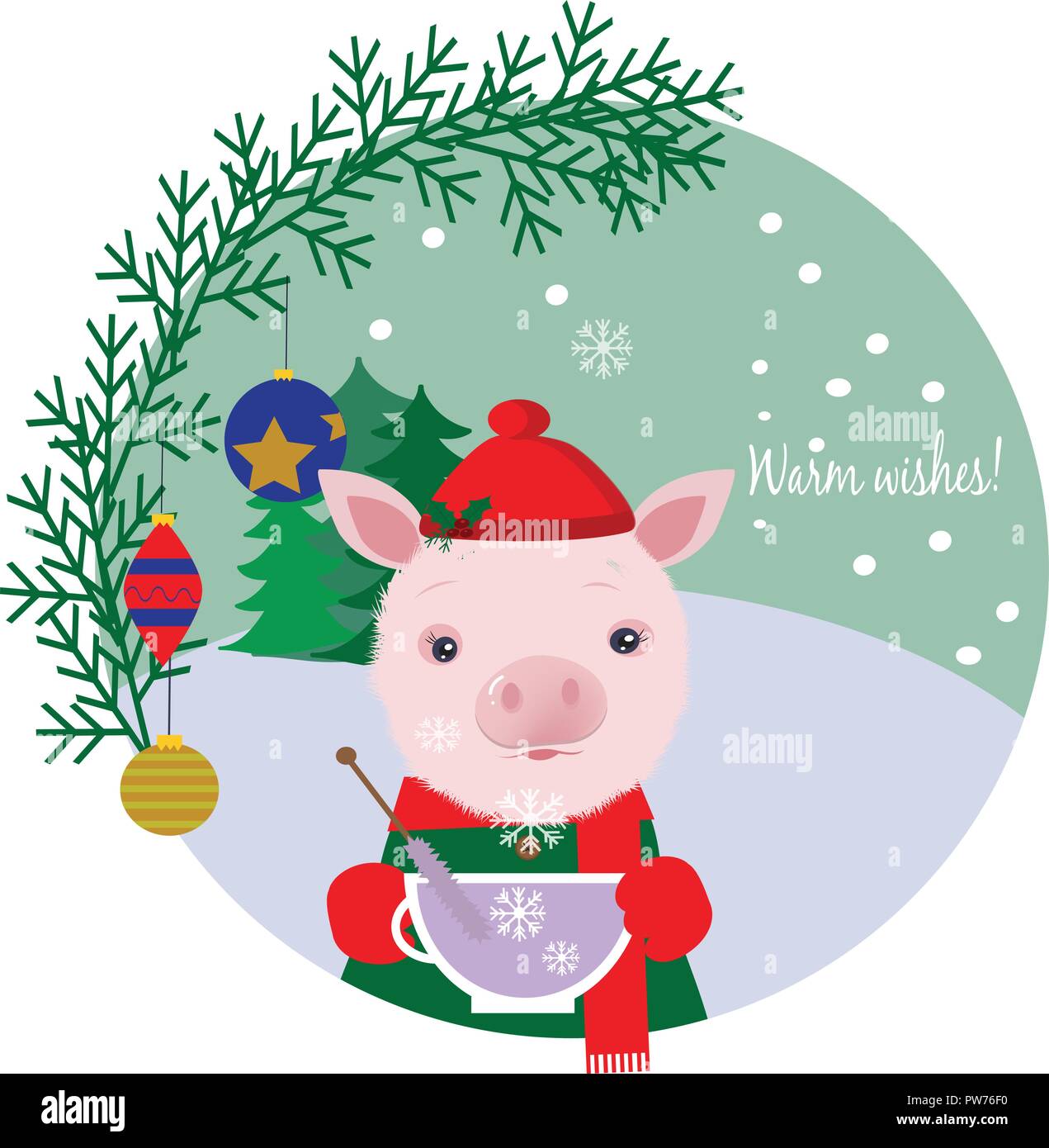 Cute pig in a cap drinking tea. Winter card. Stock Vector