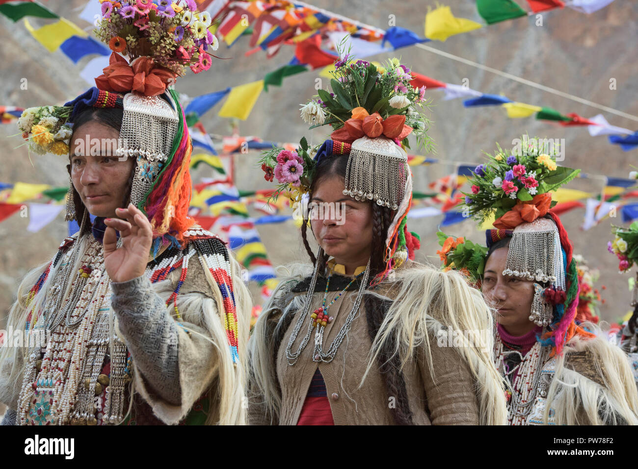 Aryan (Brogpa) women dancing at a traditional festival, Biama village ...