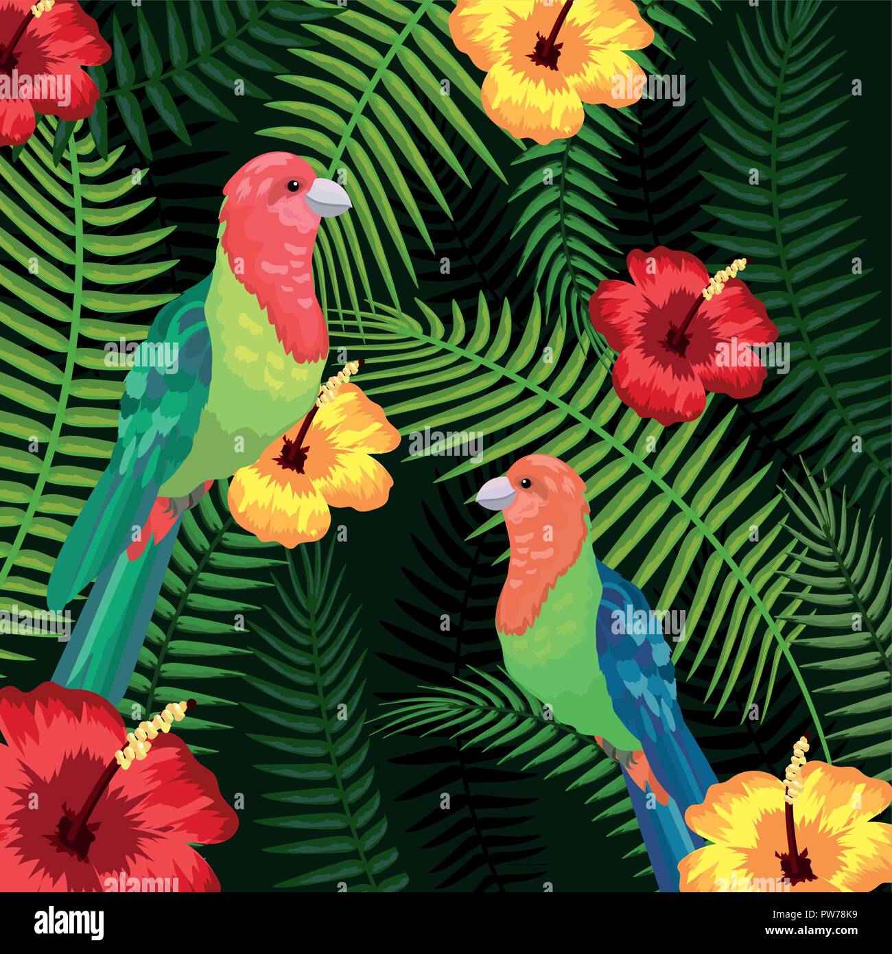 birds with tropical flowers and leaves background Stock Vector Image ...