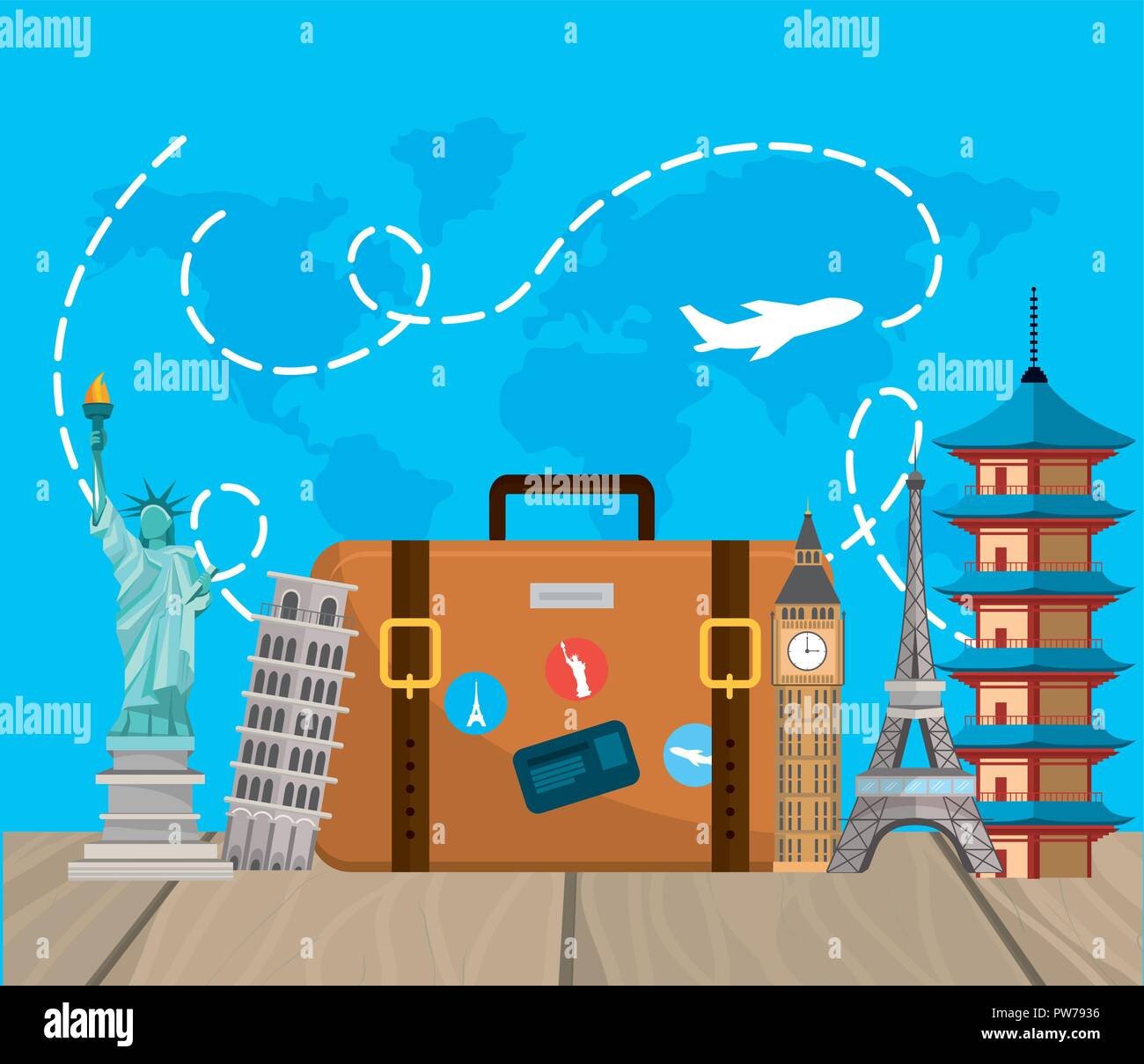 travel briefcase with international tower explore Stock Vector Image