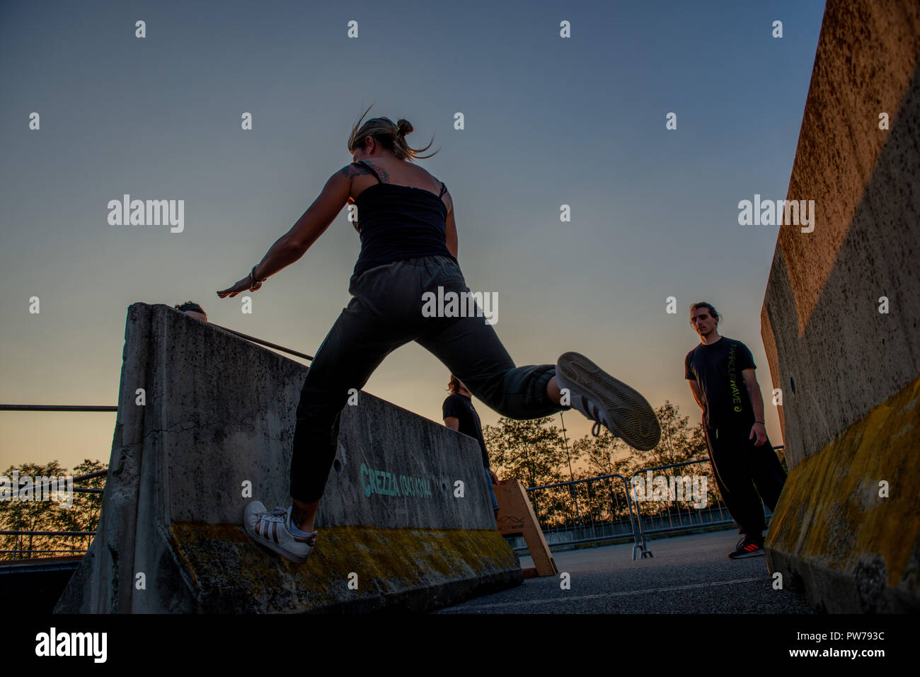 Bergamo Italy October 12th 2018:Parkour 'physical activity in running, climbing and jumping to overcome an obstacle Stock Photo