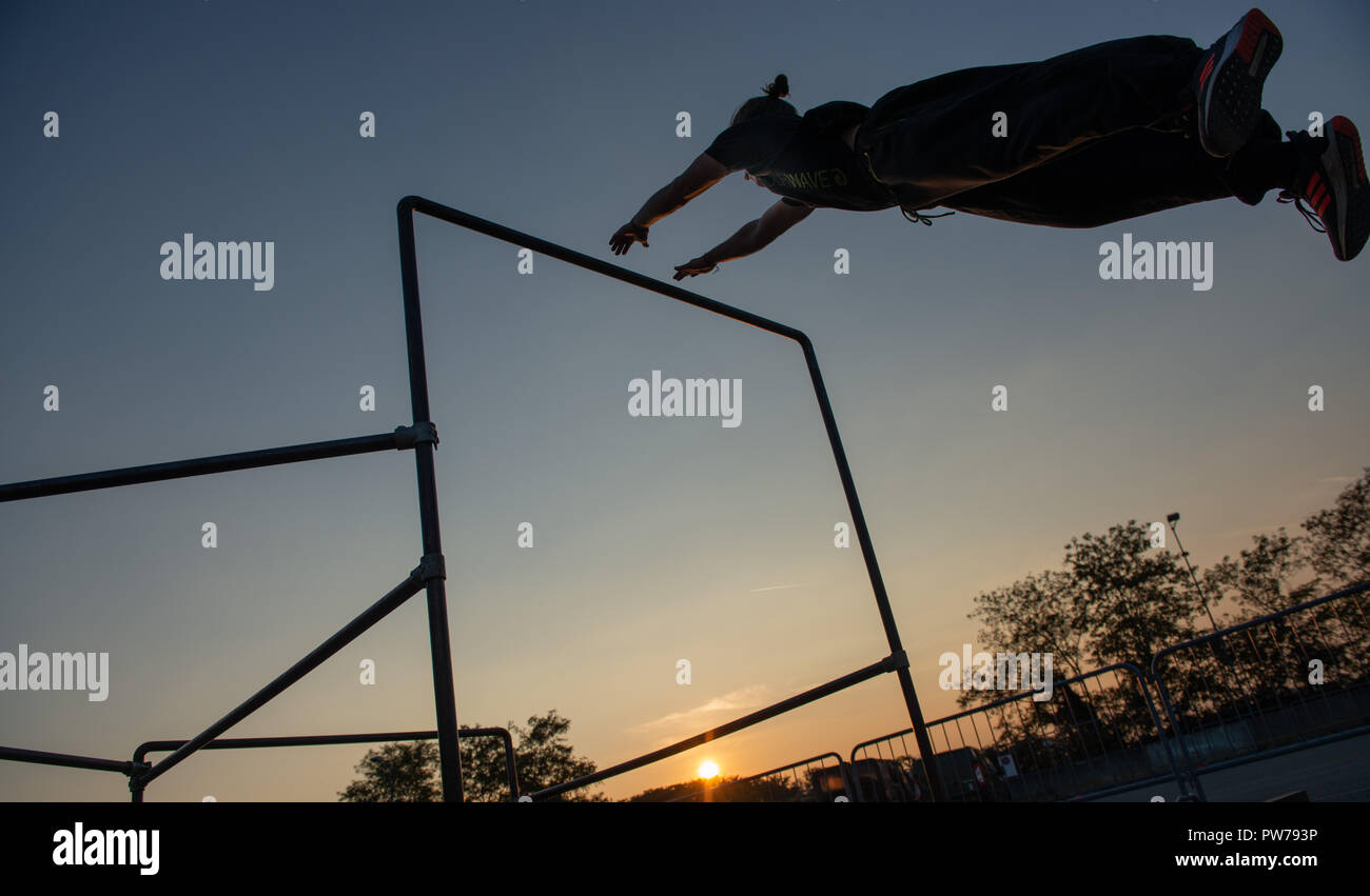Bergamo Italy October 12th 2018:Parkour 'physical activity in running, climbing and jumping to overcome an obstacle Stock Photo