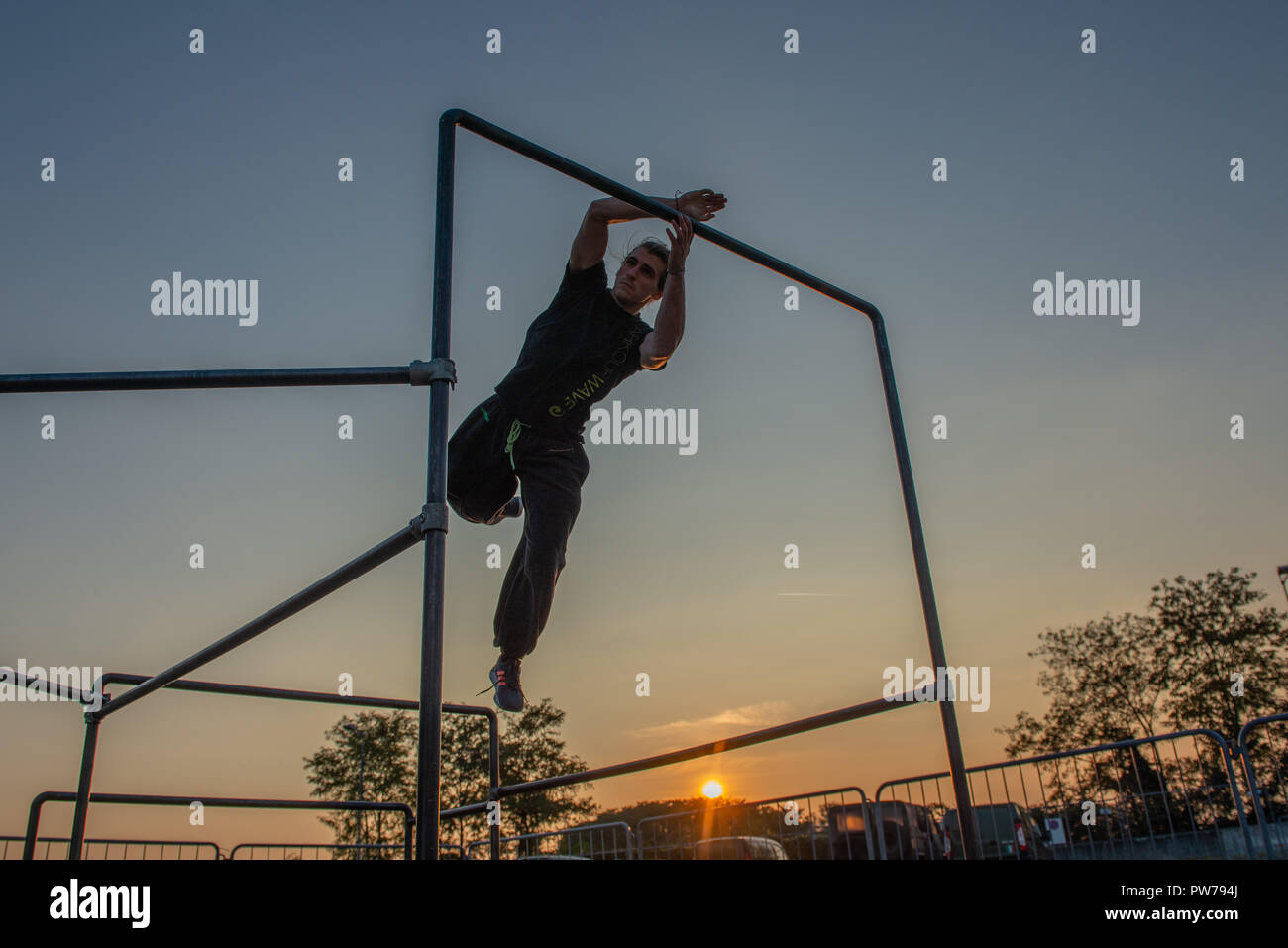 Bergamo Italy October 12th 2018:Parkour 'physical activity in running, climbing and jumping to overcome an obstacle Stock Photo
