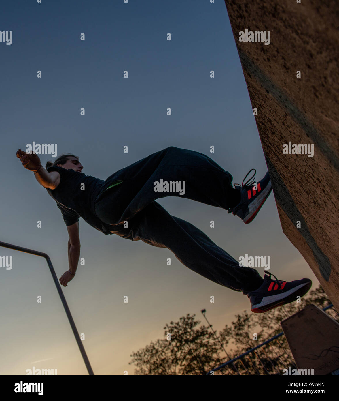 Bergamo Italy October 12th 2018:Parkour 'physical activity in running, climbing and jumping to overcome an obstacle Stock Photo