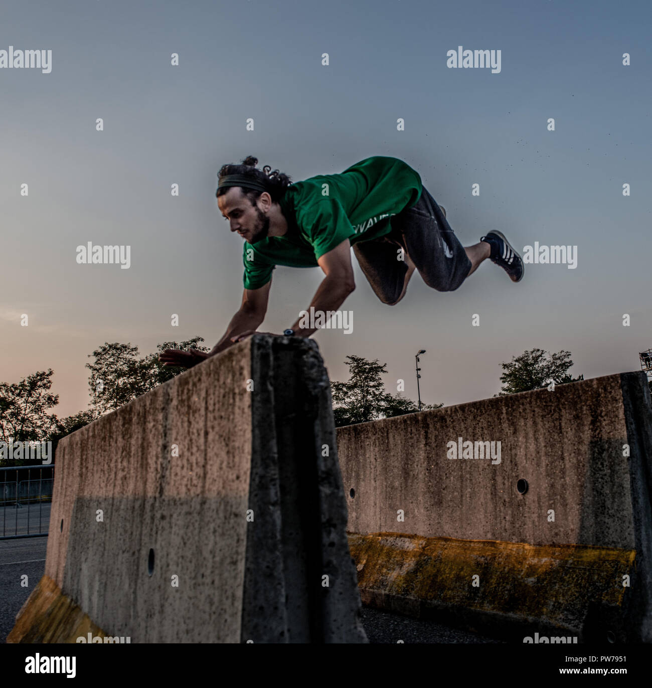 Bergamo Italy October 12th 2018:Parkour 'physical activity in running, climbing and jumping to overcome an obstacle Stock Photo