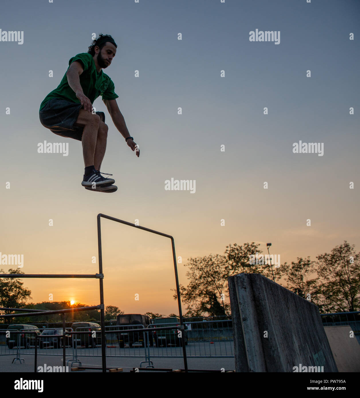 Bergamo Italy October 12th 2018:Parkour 'physical activity in running, climbing and jumping to overcome an obstacle Stock Photo