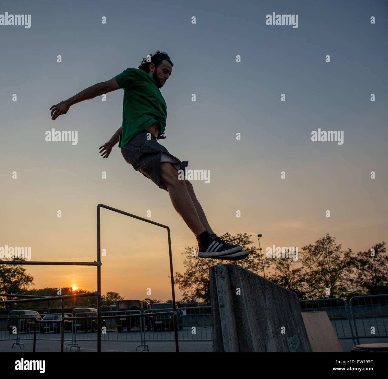 Bergamo Italy October 12th 2018:Parkour 'physical activity in running, climbing and jumping to overcome an obstacle Stock Photo