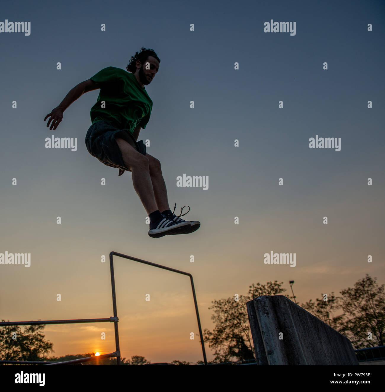 Bergamo Italy October 12th 2018:Parkour 'physical activity in running, climbing and jumping to overcome an obstacle Stock Photo