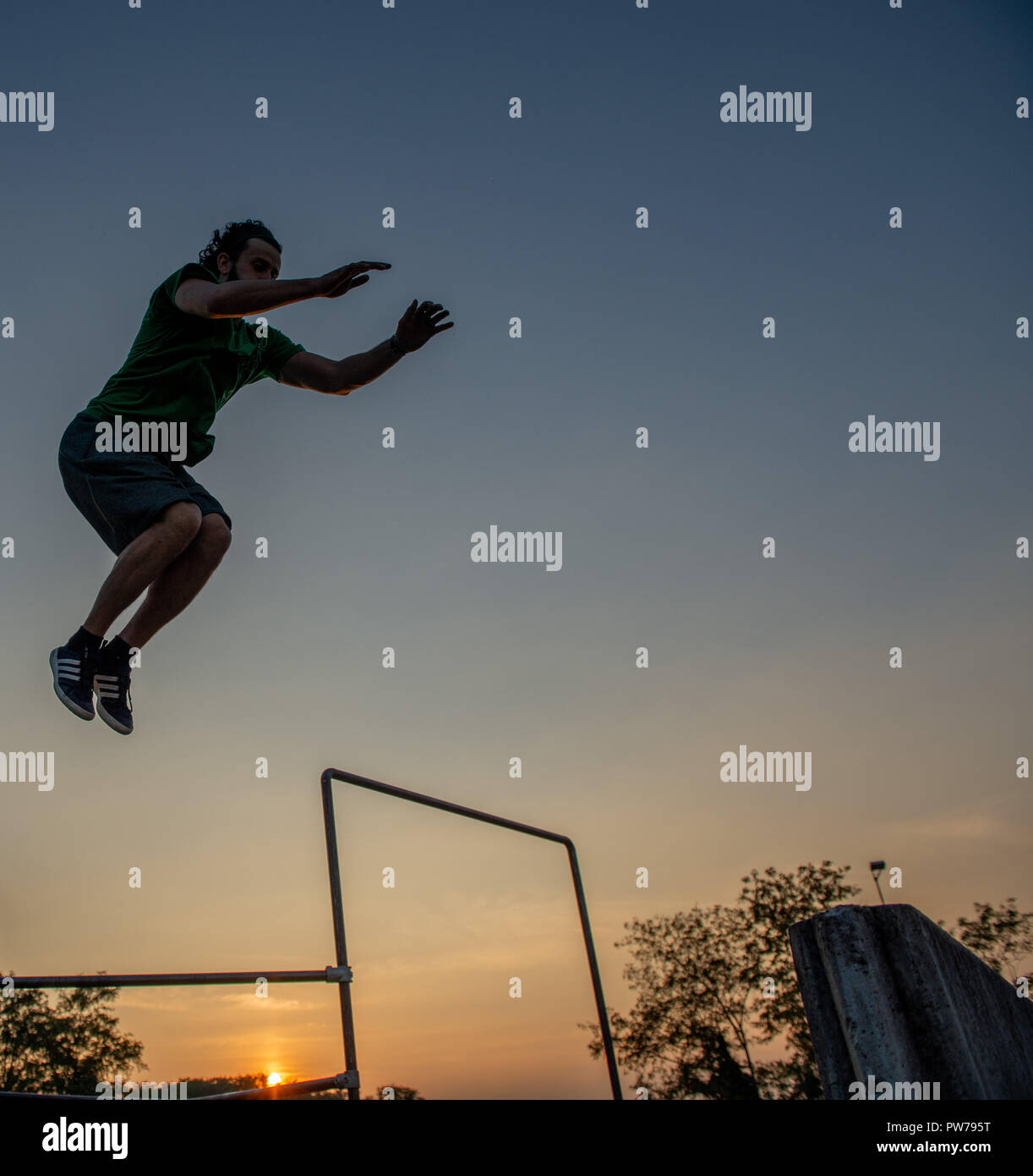 Bergamo Italy October 12th 2018:Parkour 'physical activity in running, climbing and jumping to overcome an obstacle Stock Photo