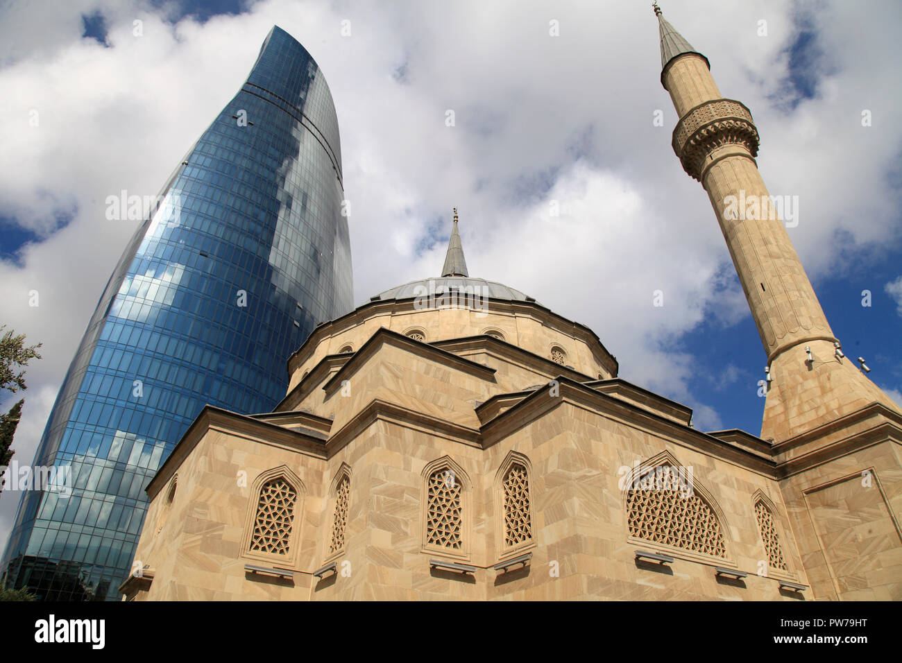 Azerbaijan; Baku; Martyrs' Mosque; Flame Tower, Sehitlik Mescidi;  islam; muslim; religion; monument; travel; Europe; nobody Stock Photo