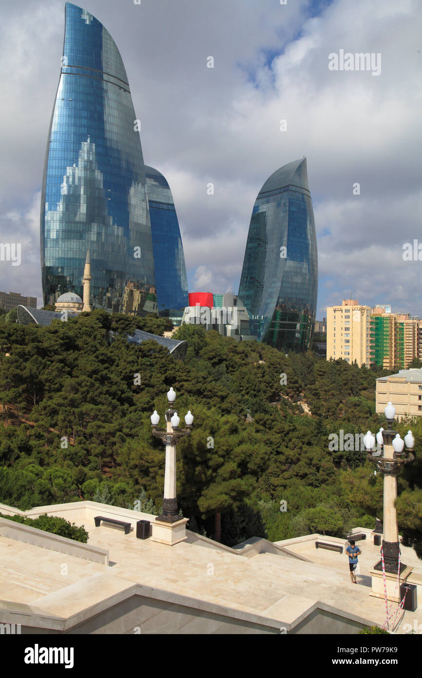 Azerbaijan; Baku; Upland Park, Flame Towers, skyline, Stock Photo
