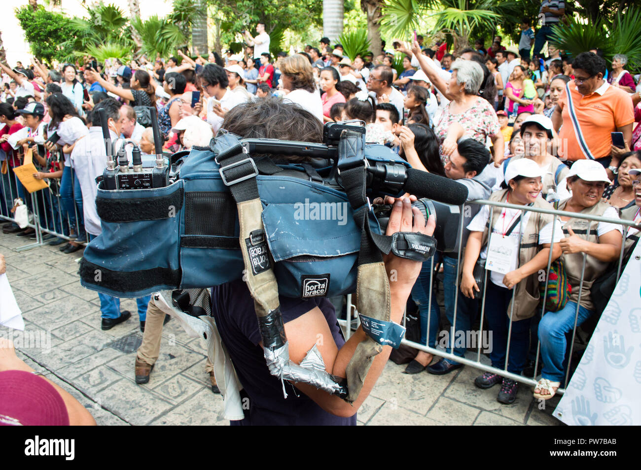 Camera man during  the visit of President-elect of Mexico, Andres Manuel Lopez Obrador  n Merida, Yucatan, October 2018. Stock Photo