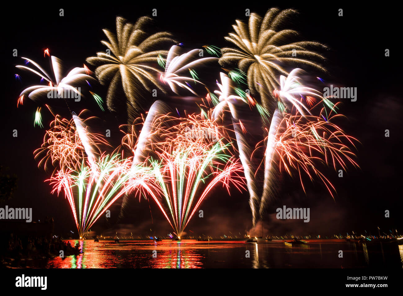 Colorful impressive giant firework show at Seehasenfest in Friedrichshafen Stock Photo