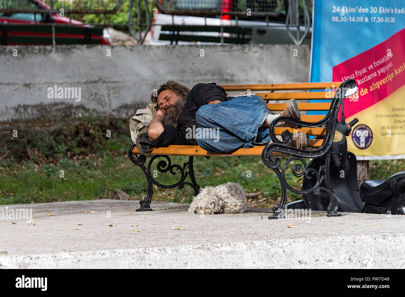 Greese Homless Homeless person male sleeping on bench with dog beneath, Greece Stock ...
