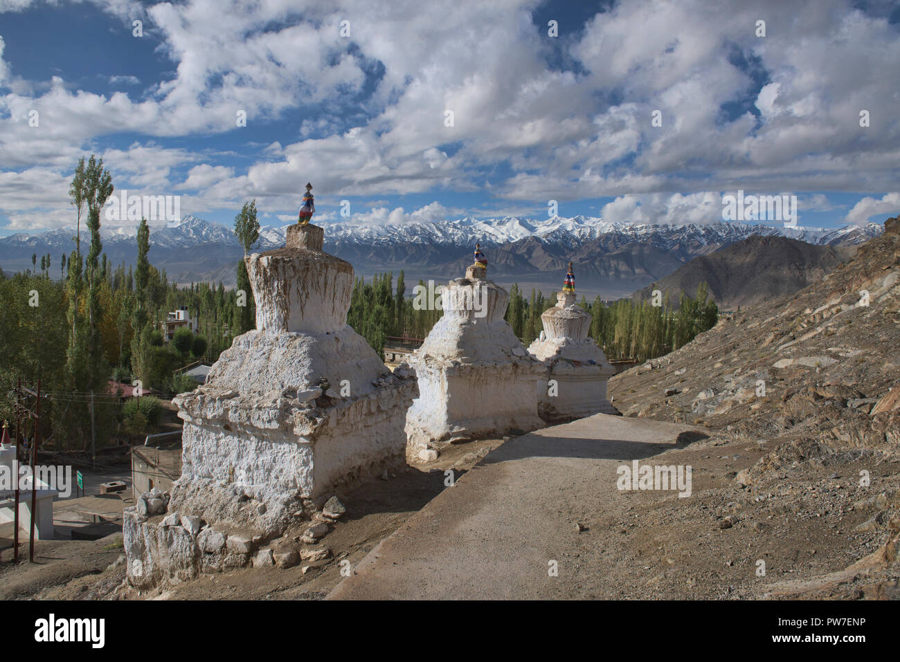 The Stok Range seen behind the Shanti Stupa chortens, Leh, Ladakh, India Stock Photo