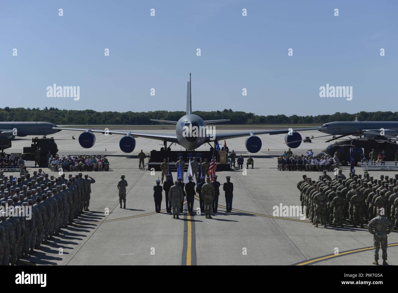 Gov. Christopher T. Sununu, Maj. Gen. William N. Reddel III, the former adjutant general of New Hampshire, Brig. Gen. David J. Mikolaities, adjutant general of New Hampshire, and Col. Bill Conway, Chief of Staff New Hampshire Army National Guard, conduct an inspection of troops during the adjutant general change of command ceremony Sept. 23, 2017 at Pease Air National Guard Base, N.H. Brig. Gen. David Mikolaities assumes duties as the Adjutant General, New Hampshire National Guard from Maj. Gen. William Reddel. (New Hampshire National Guard Stock Photo