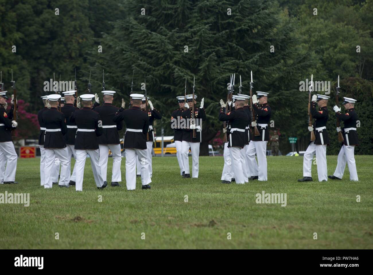 U.S. Marine Corps Silent Drill Platoon performs at the 35th annual United States Marine Corps’ Enlisted Awards Parade and Presentation on Marine Corps Base Quantico, Va., Sept. 20, 2017. The presentation is held to recognize individual achievements of enlisted Marines throughout the Marine Corps. Stock Photo