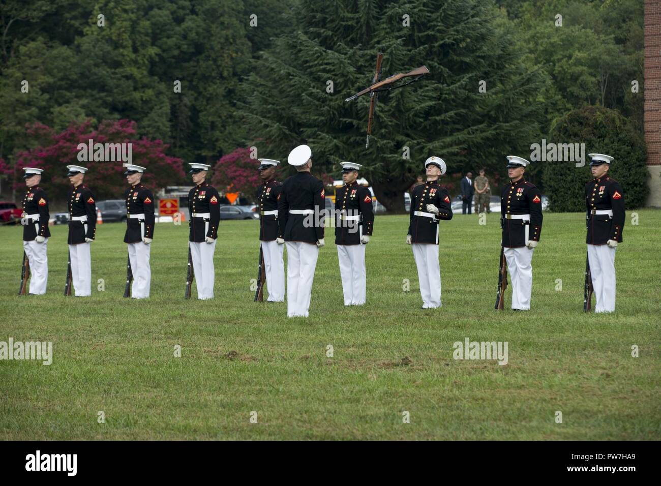 U.S. Marine Corps Silent Drill Platoon performs at the 35th annual United States Marine Corps’ Enlisted Awards Parade and Presentation on Marine Corps Base Quantico, Va., Sept. 20, 2017. The presentation is held to recognize individual achievements of enlisted Marines throughout the Marine Corps. Stock Photo