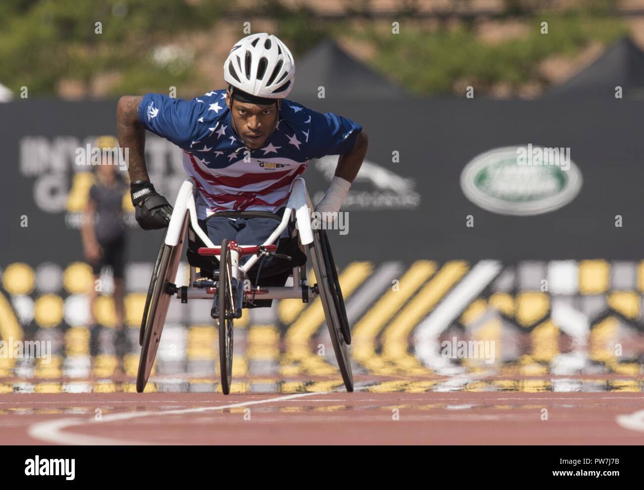 Marine Corps veteran Sgt. Anthony McDaniel competes in wheelchair racing during Athletics at York Lions Stadium during the 2017 Invictus Games in Toronto on September 25, 2017. The Invictus Games, established by Prince Harry in 2014, brings together wounded and injured veterans from 17 nations for 12 adaptive sporting events, including track and field, wheelchair basketball, wheelchair rugby, swimming, sitting volleyball, and new to the 2017 games, golf. Stock Photo