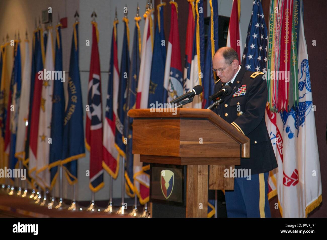 U.S. Army Chaplain Samuel Godfrey, from the Army Materiel Command, gives the invocation during the Hispanic-American Heritage Month Observance Sept. 25, 2017 at Redstone Arsenal, Alabama. The guest speaker for the event was Christine Chavez, granddaughter of labor leader and civil rights activist Cesar Chavez. Stock Photo