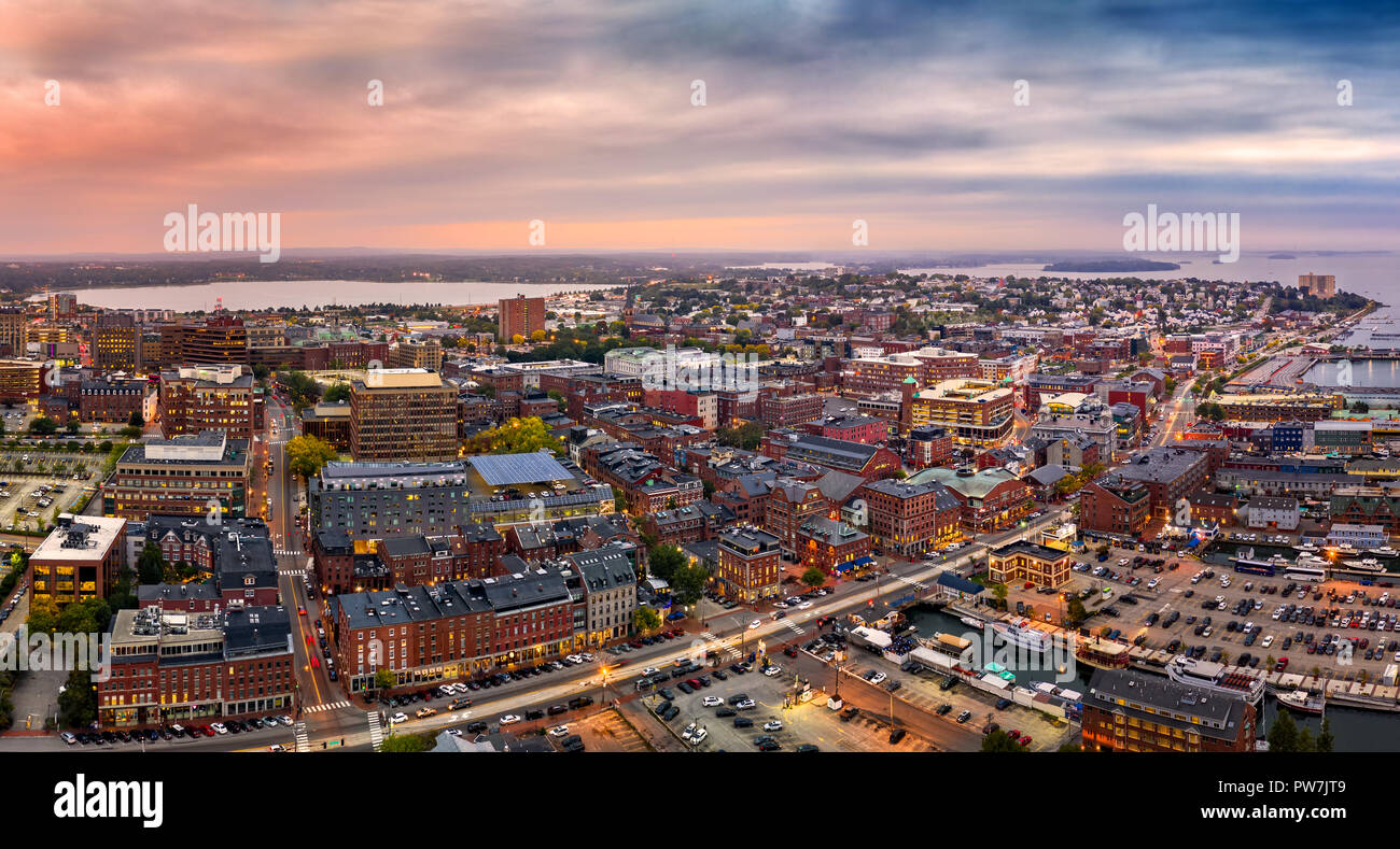 Aerial panorama of Portland, Maine at dusk Stock Photo