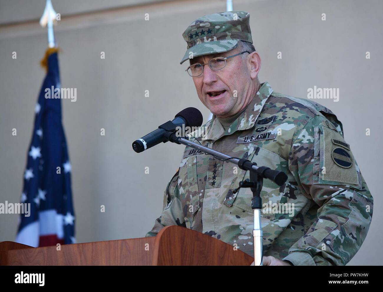 Gen. Robert Abrams, commanding general, U.S. Army Forces Command, speaks to the audience during a Sept. 21 ribbon-cutting ceremony for the new Weed Army Community Hospital at Fort Irwin, California. Stock Photo