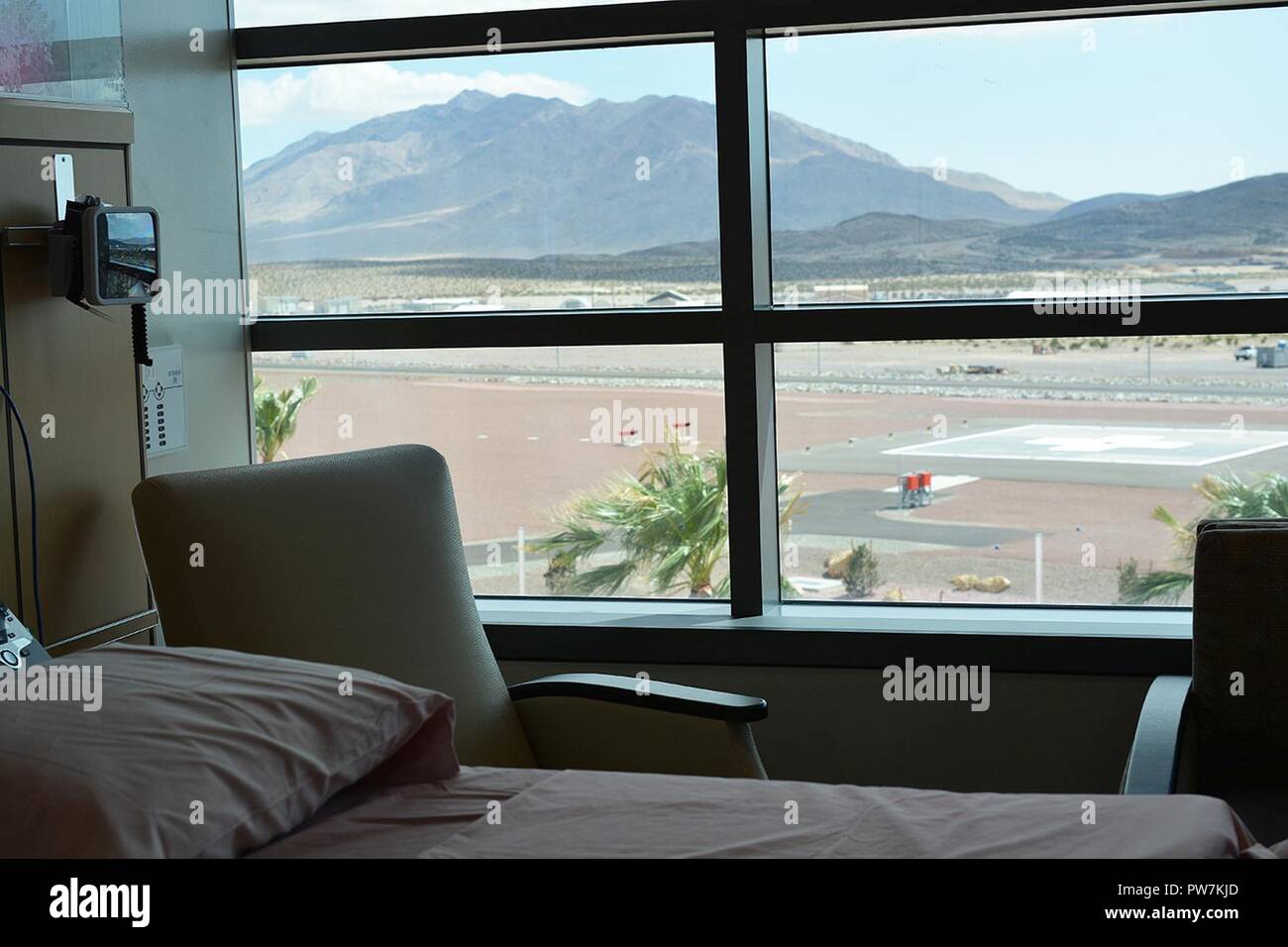 Soon-to-be-mothers can have a picture-perfect view of the mountains in the maternity room at the new Weed Army Community Hospital at Fort Irwin, California. The hospital is the Department of Defense’s first LEED-Platinum, carbon-neutral medical facility built in the U.S. It generates all of the energy it needs by solar power and other renewable energy systems. It is one of three LEED Platinum medical facilities built in the U.S., but the only one built for the Department of Defense. The hospital officially opened Sept. 21 at Fort Irwin. Stock Photo