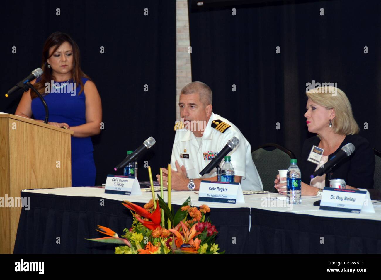EDINBURG, Texas (Oct. 2, 2017) Houston native, Capt. Thomas Herzig, commanding officer, Naval Medical Research Unit San Antonio, speaks on the importance of science, technology, engineering and mathematics (STEM) within the Navy during the 2017 Hispanic Engineering, Science and Technology Week’s (HESTEC) STEM Literacy Panel held on the campus of the University of Texas-Rio Grande Valley.  HESTEC is a nationally recognized model for promoting STEM careers to students of all ages.  Now in its 16th year, the program has been recognized as a “Bright Spot in Hispanic Education” by the White House I Stock Photo