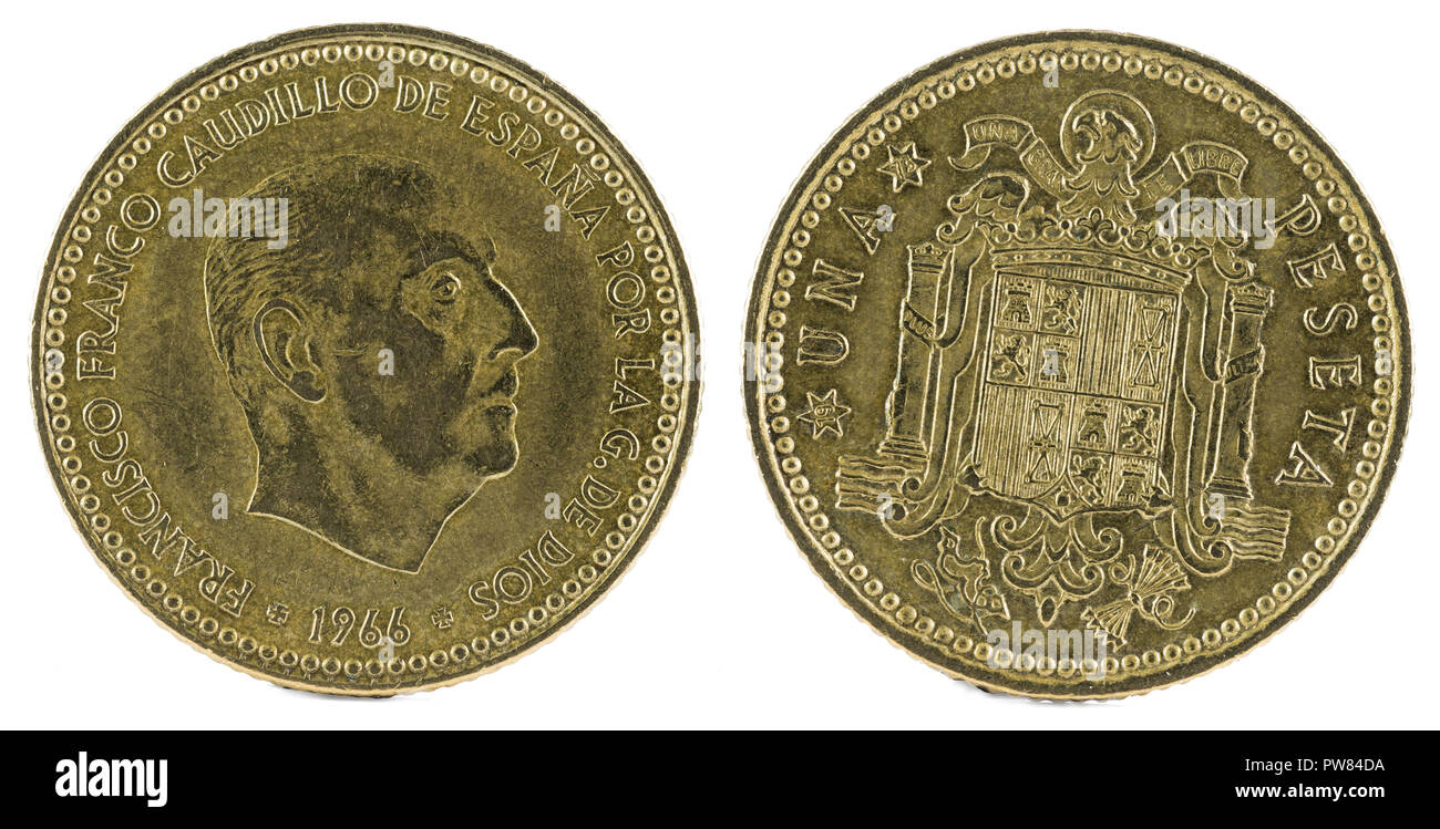 Old Spanish coin of 1 peseta, Francisco Franco. Year 1966, 19 73 in the stars. Stock Photo