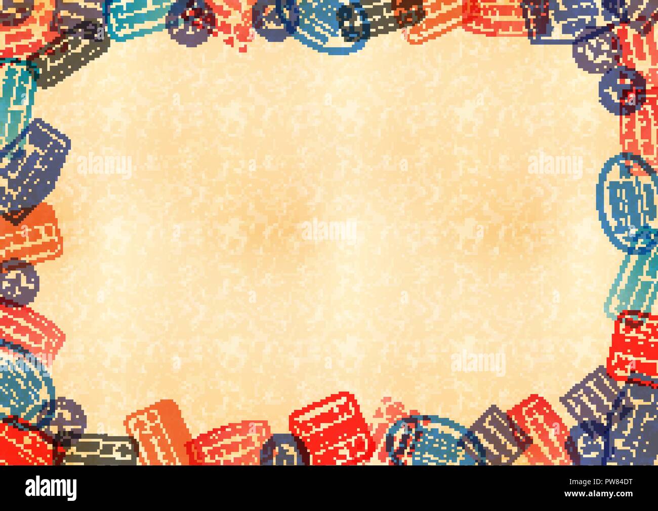 Horizontal a4 size yellow sheet of old paper with frame made from different travel stamps Stock Vector